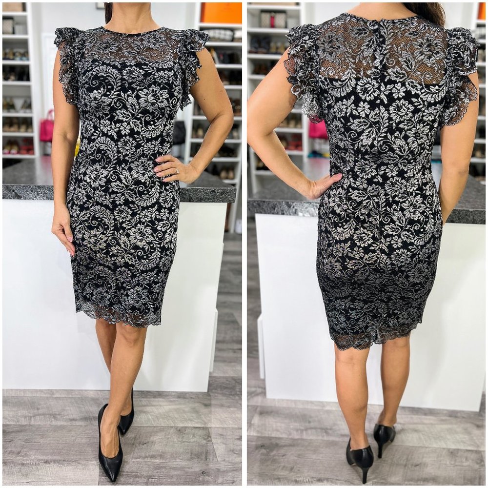 NWT Calvin Klein Black Silver Lace Sheath Dress $179
